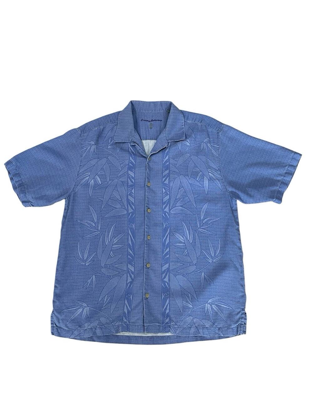Tommy Bahama Men’s Large Button Up Floral 100% Blue Silk Short Sleeve -Vacation